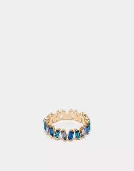 Кольцо-багет ASOS DESIGN с голубыми камнями золотистого оттенка