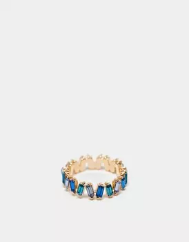 Кольцо-багет ASOS DESIGN с синими камнями золотистого оттенка
