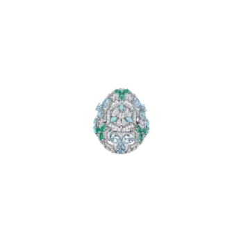 Кольцо «калейдоскоп» из белого золота с бриллиантами, изумрудами, аквамарином и бирюзой. Chantecler