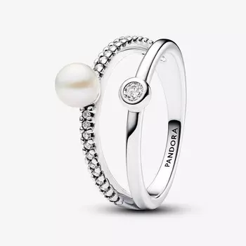 Кольцо Pandora Timeless Treated Freshwater Cultured Pearl & Pave Double Band, серебро