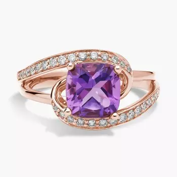 Кольцо с аметистом огранки «кушон» и витым нимбом из розового золота 14 карат Blue Nile
