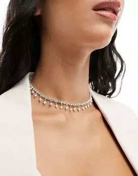 Колье-чокер ASOS DESIGN с цепочкой из кристаллов и искусственным жемчугом серебристого цвета