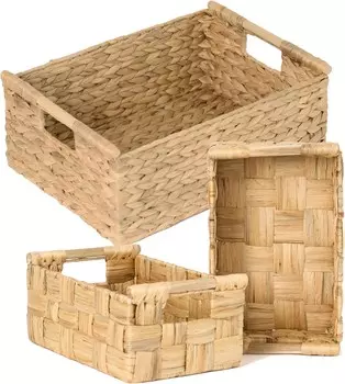 Коллекция корзин для хранения из водного гиацинта Vatima — очень большие прямоугольные корзины с деревянными ручками для организации хранения, наборы натуральных плетеных корзин, идеально подходящие для полок