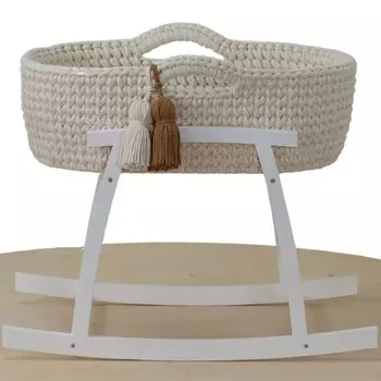 Колыбелька для куклы - Корзина Моисей (КРЕМ-ЗОЛОТО) с матрасом, комплектом постельного белья, бахромой + белая деревянная основа Like Moses