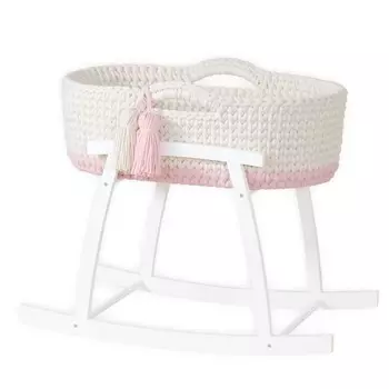 Колыбелька для куклы - Корзина Моисей (КРЕМОВЫЙ И СВЕТЛО-РОЗОВЫЙ) с матрасом, комплектом постельного белья, бахромой + белая деревянная основа Like Moses