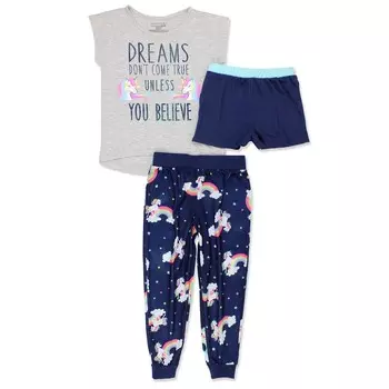 Komar Kids Unicorn для девочек, комплект из 3 предметов, трикотажные шорты, штаны, пижамный комплект с короткими рукавами, мультиколор
