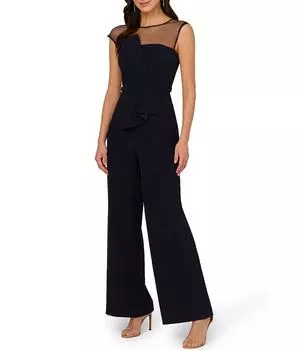 Комбинезон Adrianna Papell из эластичного крепа с круглым вырезом и короткими рукавами и баской на талии, синий