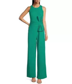 Комбинезон Adrianna Papell из эластичного крепа с круглым вырезом, без рукавов, с бантом на талии и широкими штанинами, зеленый