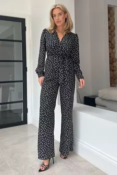 Комбинезон ария с длинными рукавами широкими штанинами и V-образным вырезом Girl In Mind, черный