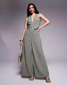 Комбинезон ASOS DESIGN цвета хаки с V-образным вырезом и сборкой на талии
