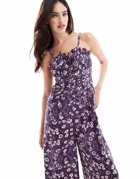 Комбинезон ASOS DESIGN с лифом, оборкой на груди, присборенной талией и бретельками, с фиолетовым и белым цветочным принтом