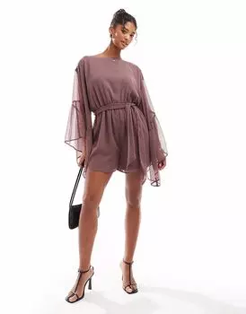 Комбинезон ASOS DESIGN с объемными рукавами-оборками и завязкой на талии лилового цвета