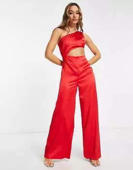 Комбинезон Asos Design Satin One Shoulder Cut Out, красный