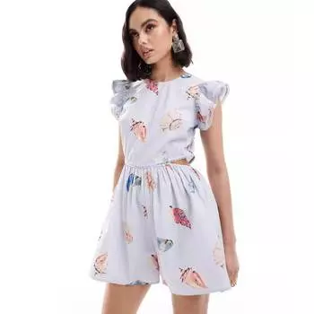 Комбинезон Asos Design Short Cutout Waist And Ruffles Sleeves, светло-голубой