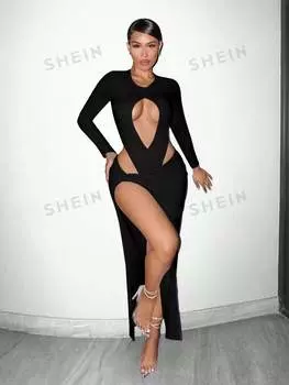 Комбинезон ажурный Shein SXY с закрученным узлом и юбкой с высоким разрезом, черный