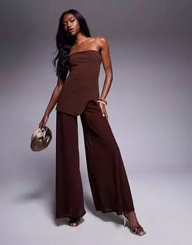 Комбинезон-бандо ASOS DESIGN с лифом-скубой и широкими прозрачными брюками шоколадного цвета