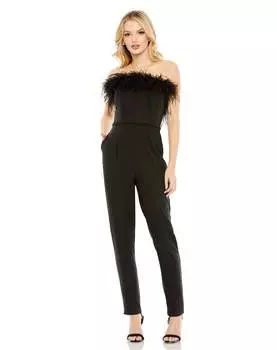 Комбинезон без бретелек с отделкой из перьев Mac Duggal, черный