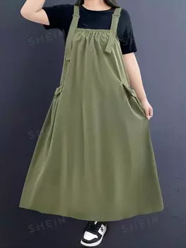 Комбинезон без футболки EZwear Plus с карманами и клапанами для повседневной носки Shein, темно-зеленый