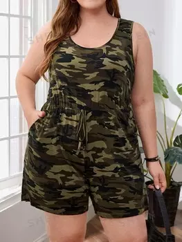 Комбинезон больших размеров EZwear, камуфляжный принт, пояс на кулиске Shein, мультиколор