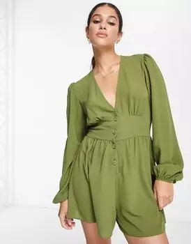 Комбинезон цвета хаки из крепа ASOS с глубоким вырезом и рукавами-буфами