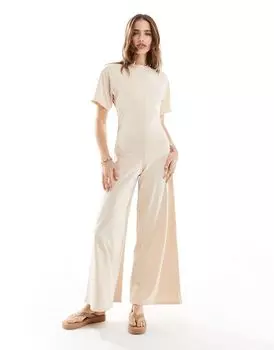 Комбинезон цвета камня со сборками по бокам и широкими штанинами ASOS DESIGN