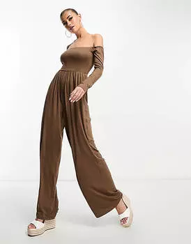 Комбинезон цвета мокко с мягким вырезом и широкими штанинами ASOS DESIGN