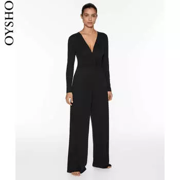 Комбинезон длинный Oysho с длинными рукавами и глубоким V-образным вырезом, черный