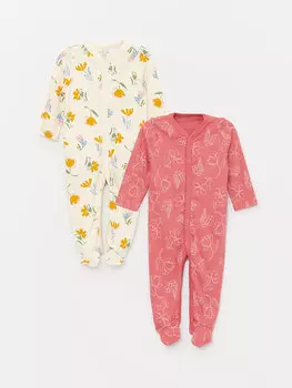 Комбинезон для девочки с круглым вырезом и длинными рукавами, упаковка из 2 шт. LCW baby, средний розовый с принтом
