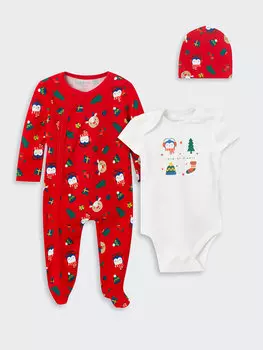 Комбинезон для мальчика с новогодним тематическим комбинезоном и беретом с круглым вырезом, комплект из трех предметов LCW baby