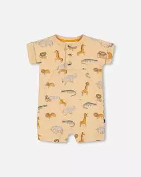 Комбинезон для мальчиков из французского терри с принтом «Джунгли» в оранжевом цвете Deux par Deux