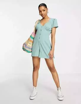 Комбинезон для отдыха ASOS из креповой ткани серо-зеленого цвета с короткими рукавами и застежкой на пуговицы
