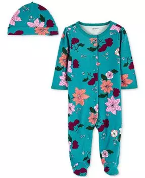 Комбинезон для сна с цветочным принтом для маленьких девочек; Комбинезон и шапка Play Footed, комплект из 2 предметов Carter's, синий