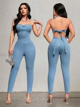 Комбинезон джинсовый женский Shein SXY облегающий, светло-синий