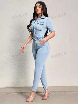Комбинезон джинсовый женский Shein SXY с завязкой на талии, светло-синий