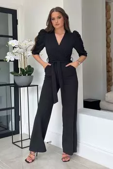 Комбинезон Fizz с пышными рукавами и широкими штанинами Girl In Mind, черный