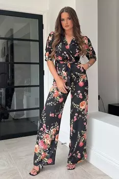 Комбинезон Fizz с рукавами-буфами и широкими штанинами черный с цветами Girl In Mind, черный