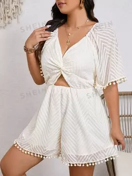 Комбинезон Frenchy с короткими рукавами, однотонный, V-образный вырез, открытого кроя, крученого типа, для лета, большого размера Shein, абрикосовый