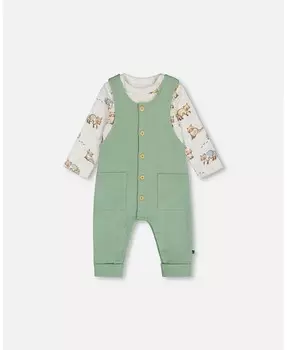 Комбинезон и комбинезон из органического хлопка с принтом для маленьких мальчиков, зеленый и енот Deux Par Deux, серый