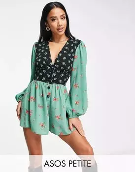 Комбинезон из крепа ASOS DESIGN Petite с глубоким вырезом, рукавами-буфами и смешанным принтом