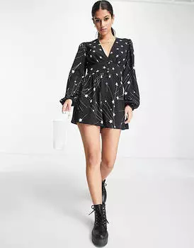 Комбинезон из крепа с глубоким вырезом и объемными рукавами ASOS DESIGN