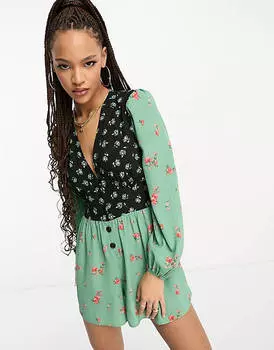 Комбинезон из крепа с глубоким вырезом и объемными рукавами ASOS DESIGN в смешанный принт