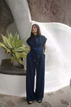 Комбинезон из крепа с поясом ZARA, темно-синий