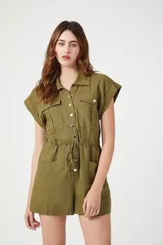 Комбинезон из льняной смеси с пуговицами спереди Forever 21, оливковый