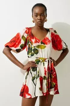 Комбинезон из мароканской ткани с объемными рукавами и принтом роз Karen Millen, розовый