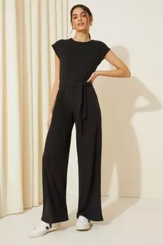 Комбинезон из мягкого трикотажа с завязывающимся поясом и закатанными рукавами Friends Like These, черный