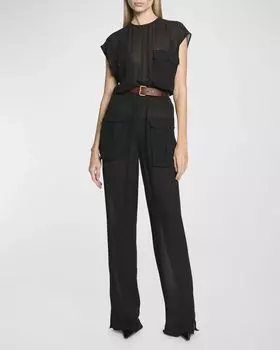 Комбинезон из шелкового шифона Combinaison без рукавов с поясом Saint Laurent, цвет Nero