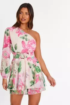 Комбинезон из шифона на одно плечо с цветочным принтом телесного цвета QUIZ Clothing