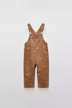Комбинезон из твила с вышитым цветочным узором ZARA, цвет caramel