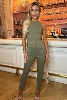 Комбинезон карго с высоким воротником и поясом Ax Paris, зеленый