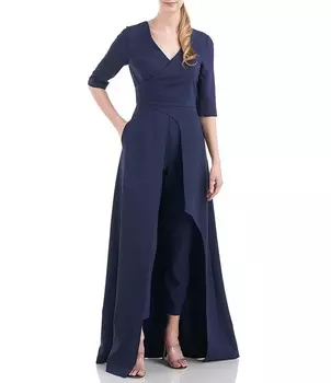 Комбинезон Kay Unger из эластичного крепа с V-образным вырезом и короткими рукавами, синий